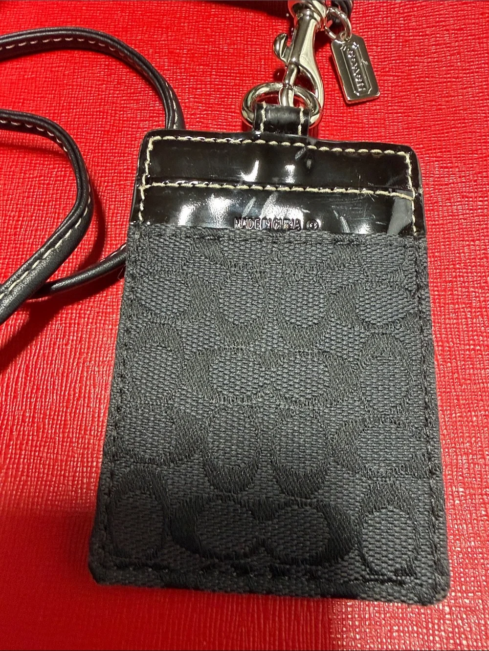 Coach Black Gray Signature Lanyard Card Case with Patent Trim